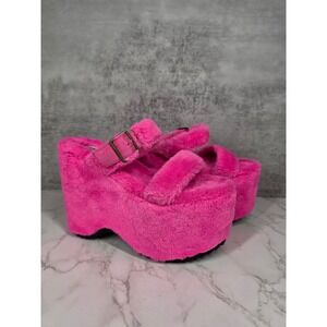 Lemon Drop Sonrisa Fuzy Pink Wedge Platform Sandals Coquette Buckle Strap 7